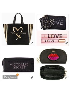 4 Victoria's Secret Black Tote Bag with Logo, 3pc Travel Case,Clear Makeup Bag